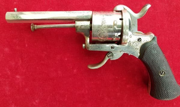 X X X SOLD X X X Belgian 7mm 6 shot pinfire revolver with folding trigger. Circa 1865. Ref 2021